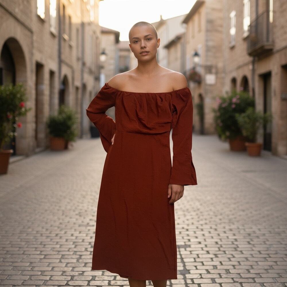 Future Collective Reese Blutstein Off Shoulder Long Sleeve Midi Dress Rust 8 New